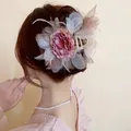 Elegant large 3D peony flower hair claw clip with sheer mesh petals in pink and brown tones - 38# Claw Clip