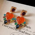 Close-up detail of vintage heart earrings with colorful teardrop gemstones and purple stones - Vintage Heart Strawberry Texture (35#)