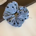 Elegant light blue corduroy scrunchie with black velvet polka dots, high elasticity hair tie - Scrunchie / Blue Flocked Polka Dot