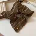 Stylish vintage brown striped fabric hair scrunchie with a golden heart charm accent - Scrunchie / Coffee Square Striped