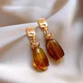 Macro view of vintage Maillard amber resin asymmetric drop earrings on satin - Amber Asymmetric Long Earrings (67#) / Gold Brown