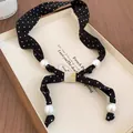 Chic polka dot fabric choker necklace with white pearl beads and marble square accent - Black Polka Dot