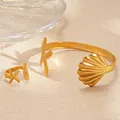 Conjunto de pulsera y anillo minimalista dorado con diseño de estrella de mar y concha - Estilo de Forma de Estrella de Mar y Vieira (136#) / Set de dos piezas / Dorado