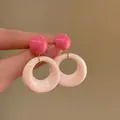 Detailed view of stylish retro round pink contrast color stud earrings for women - 24# Silver Earring Post-Pink (Double Pink Hoop)