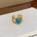 Vista detallada de un anillo abierto chapado en oro de 18 quilates con piedra turquesa - Estilo de Marco de Doble Cuenta de Una Sola Piedra Ovalada (HR2836)