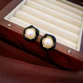 Vintage style black enamel stud earrings with pearl center presented in wooden box - 11# Silver Post - Black Flower Style (Real Gold Plated)