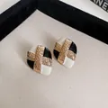 Vintage black and white enamel stud earrings with gold textured pattern for women - 14# Silver Post - Gold Teardrop Style