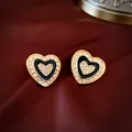 Elegant vintage style gold and black heart-shaped stud earrings with sparkling crystal accents - 15# Silver Post - Gold Heart Style (Real Gold Plated)