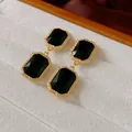 Elegant vintage black double-drop earrings featuring textured gold-toned frames and faceted stones - 18# Silver Post - Black Square Style