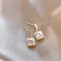 Elegant 18K gold plated silver needle square zircon halo pendant earrings for women - Real Gold Plated Silver Earring Post / Gold-White