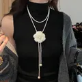 Long pearl sweater necklace with white crochet camellia flower accent - Camellia Decoration Style (23#) / Gold - Pearl