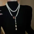 Vintage double-layer pearl sweater chain with red flower charm and pearl drops - Tassel Flower Style (54#) / Gold-Red-Pearl 10mm