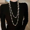 Elegant vintage double-layer long pearl necklace with camellia flower charms for sweaters - Double Layer Camellia Style (48#) / Gold-Oil Drip Pearl