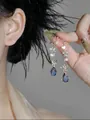 Elegant forest style zircon flower water drop tassel earrings with blue faceted stones - Silver Post Style (HE26939) / Gold-Blue
