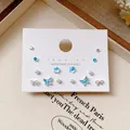 A set of cute blue butterfly star and faux pearl silver needle earring studs for women - Sweet Multi-Shape Style / Blue