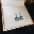 Elegant silver-toned square halo drop earrings with sparkling yellow-green moissanite in box - Square Halo Style (48#) / Light Yellow Green