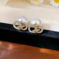 Vintage gold-tone bee stud earrings with large resin pearl backings and crystal inlay - Bee Logo Style (87) / Silver Needle Studs / Gold