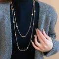 Vintage long double-layer pearl necklace with amber beads for autumn winter sweaters - Double Layer Coffee Mixed (43#) / Gold-Coffee-Pearl 8mm
