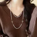 Elegant double-layered long pearl necklace with gold-tone chain and faceted amber stones - Double Layer Amber Gem (42#) / Gold-5mm Pearl