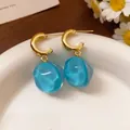 Elegant sky blue textured resin pendant earrings with gold-plated hoops and silver needles - Textured Resin Pendant Style (47) / Silver Needle Studs / Sky Blue