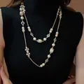 Elegant double-layered vintage long pearl necklace for women's autumn winter sweater accessory - Double Layer Hollow Charm (56#) / Gold-Pearl 8-12mm