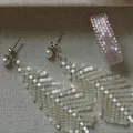 Detailed view of handmade beaded leaf earrings and matching pink woven ring set - Woven Leaf Tassel Set (75) / Earrings and Ring Set / White
