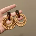 Retro woven rattan hoop earrings with brown resin accents for a bohemian summer look - Woven Vine Hoop Style (55#) / Coffee