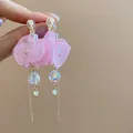 Elegant pink mesh flower earrings with clear crystal pendants and long gold tassel chains. - Mesh Flower Tassel Style (38#) / Gold-Pink