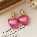 Elegant pink marble resin heart drop earrings with gold hammered studs for women - Textured Heart Pendant Style (96#) / Gold-Pink