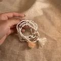 Close-up of handmade white beaded bracelet with pink quartz and tassels on linen. - 2# Bangle (2#) / 6-Piece Set / White
