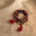 Close-up of ethnic colorful beaded bracelet with vibrant red tassels on linen background - Style 3 (3#) / 6-Piece Set / Red