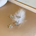 Elegant silver butterfly ear cuff earring with sparkling rhinestones and white feather accents - Butterfly Feather Ear Cuff (Left Ear-26#) / White