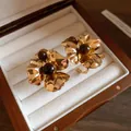 Vintage style golden flower stud earrings with dark tiger eye beads on velvet lining - Flower Style (40#)