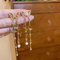 Vintage style long tassel earrings with pink resin butterflies and round white pearls - Butterfly Tassel Pendant (32#) / Regular-Gold Base / Yellow
