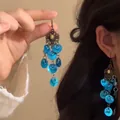Vintage blue resin tassel earrings with bronze floral pendant base - Bronze Floral Tassel Ear Hook (34#) / Lake Blue