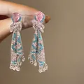 Vintage silver needle tassel earrings with pink resin stones and blue crystal accents - Retro Pleated Tassel Pendant (36#) / Silver Base / Pink & Blue