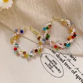 Handmade colorful crystal and pearl beaded hoop earrings with gold-tone wire wrap - Multicolor Small Circular Style (48#) / Silver Needle / Colorful