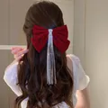 Large red velvet bow hair clip with sparkling rhinestone tassel detail for women - Tassel Bow Knot Style (6#)