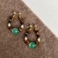 Artisan beaded drop earrings featuring tiger eye and green stones on warm fabric - Vintage Beaded Style (42#)