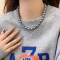 Elegant French vintage style grey synthetic beaded pearl necklace choker worn on neck - Necklace Style 27 / Gray