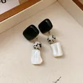 Elegant retro earrings with black square resin and spotted stone beads - Vintage Black and White Geometric Splicing (98#) / Silver Needle / Black and White