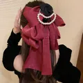 Elegant large red satin bow hair clip featuring a black flower and pearl chain detail. - Mesh Bow Knot Style (19#)