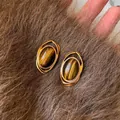 Elegant vintage gold plated oval earrings with faux tiger eye stone inlays for women - Double Oval Style (48#)