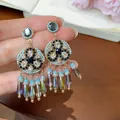 Vintage bohemian tassel drop earrings with blue beads and crystals on silver needles - Bohemian Vintage Long Tassel (103#) / Silver Needle / Gold Blue and Black