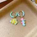 Asymmetric enamel earrings with cute tropical fish and pink seahorse charms - Asymmetric Seahorse and Fish Style (104#) / Ear Buckle / Green and Blue Combo