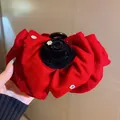 Elegant oversized red velvet ruffled hair clip with a black rose center and sparkling crystals - Rose Style (25#)