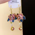 Exquisite French style enamel flower earrings with artificial pearls and floral gold drops - Hook Style / Gold-Pink-Blue
