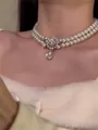 French style double-strand pearl necklace with rhinestone teardrop pendant choker - Double-layer Flower Water Drop