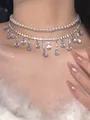 Elegant French double-layer pearl choker necklace featuring sparkling water drop crystal pendants - Double-layer Pave Water Drop
