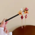 Vintage Chinese wooden hair stick with yellow flowers, gold butterfly, and long red tassels - Butterfly Floral Style (HH6014)